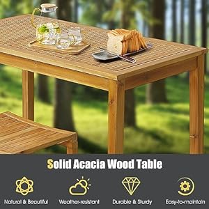 Tangkula 5 Piece Outdoor Acacia Wood Bar Table Set, 45" Rectangular High Top Table with 4 Saddle Seat Bar Height Stools, Space-Saving Patio Dining Set for 4, for Deck, Garden and Porch Tangkula 5 Piece Outdoor Acacia Wood Bar Table Set 45 Rectangular High Top Table with 4 Saddle Seat Bar Height Stools Space Saving Patio Dining Set for 4 for Deck Garden and Porch