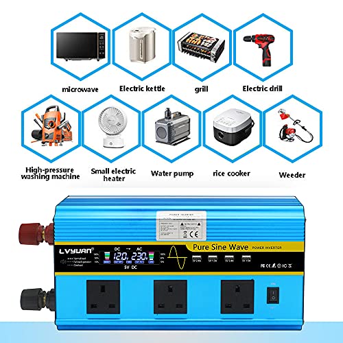 LVYUAN 2500W /5000W Pure Sine Wave Power Inverter DC 12V to AC 230V/240V Converter with LCD & Wireless Remote Controller & 3 AC Sockets & 4 USB Ports & Fan - Image 3
