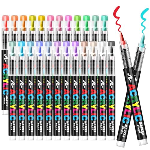 Image of Acrylic Paint Markers Brush Tip, 24 Vivid Colors with Direct-Liquid Ink System, Professional-Grade Paint Pen for Rock Painting, Canvas, Glass, Plastic, Fabric & Creative Crafts