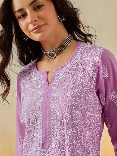 Image of Ada Lucknow Chikankari Hand Embroidered Faux Georgette Kurta Kurti Tunic Dress for Women A95504