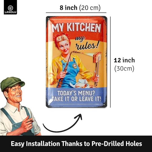 LANOLU Blaszany znak vintage - My Kitchen My Rules, dekoracja jadalni retro, 30 x 20 cm