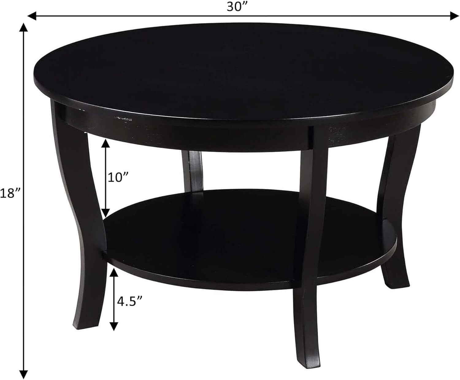 Global Greatness Round Coffee Table with Shelf, Wood Finish, Classic Transitional Style Table, Two Tier Spacious Shelving, 30.00 x 30.00 x 18.00 Inch Black