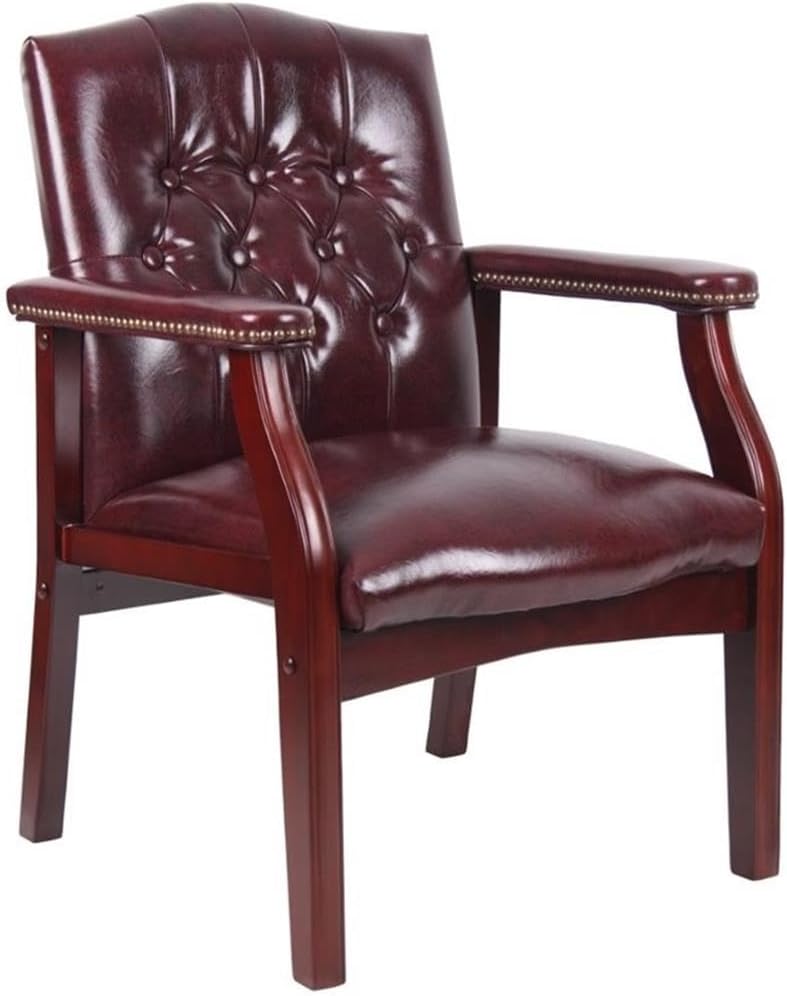 MAKLAINE Traditional Faux Leather Tufted Guest Chair, Oxblood Caressoft Upholstery, Mahogany Wood Finish, Brass Nail Detail, 24.5" W x 27" D x 35.5" H, 250 lb Capacity, Home or Office Seating