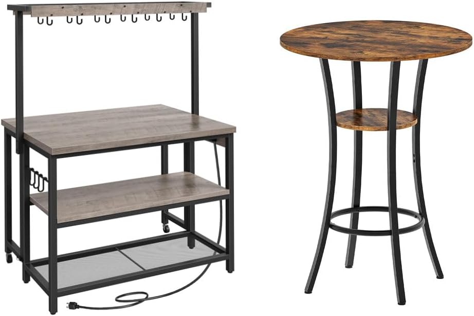 Round Bar Table and Kitchen Island with Power Outlet, 2-Tier High Top & Counter Height Dining Table,Kitchen Island Table with Folding Top for Dining Room, Living Room TBT03BF-TZD01UBG