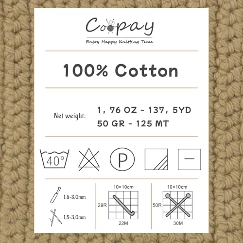 Hilo de ganchillo para tejer suéteres de algodón suave Coopay beige de 50g 6