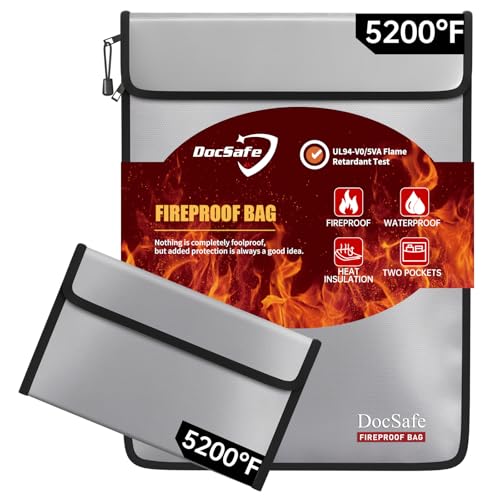 DocSafe Fireproof Document Bag (5200℉) with Fireproof Organizer Travel Case,Heat Insulated Fire＆Water Resistant 8 Layers Safe Money Bag Storage for Important Documents,Cash,Power Bank,Valuables,Gray