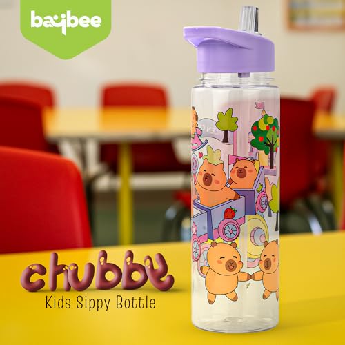 Image of BAYBEE 600 ML Chubby Drinking Water Bottle for Kids | Bpa Free Baby Sipper Bottle with Flip Straw & Carry Handle | Toddlers Leak Proof Sipper Water Bottle for Kids 1 to 12 Years Boys Girls (Purple)