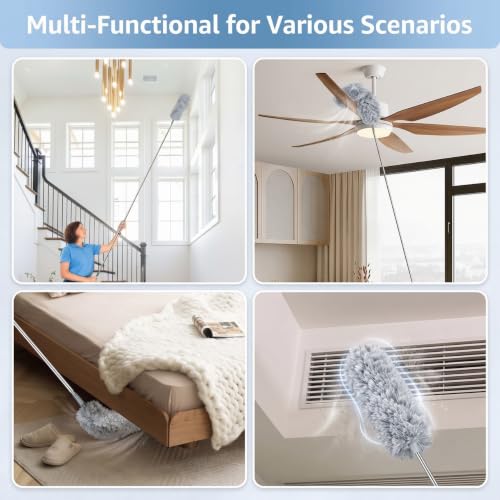 Image of Extendable Microfiber Duster for Ceiling Fans, 100 inch Long Telescoping Duster with Bendable Head, Cobweb Duster Cleaning Tool with Extension Pole for High Ceiling, Blinds, Furniture, Cars