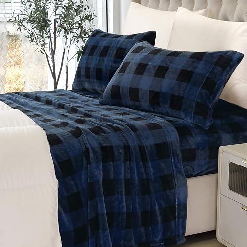 Elegant Comfort Luxuriously Soft 4-Piece Velvet Plush Flannel Sheet Set - Premium Quality - Cozy Warm, Anti-Static, Non Pilling Fuzzy Velvet Flannel Fleece Deep Pocket Sheet Set - Full, Buffalo Blue