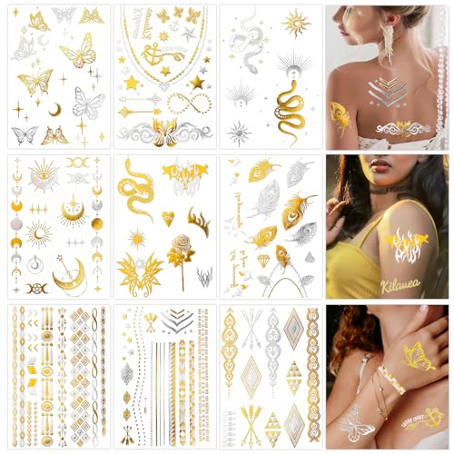 Konsait 9 Sheets Metallic Temporary Tattoos for Women & Girls - Gold & Silver Butterflies Moons Snakes Feathers & Geometric Shapes Tattoo Stickers for Makeup Cosplay Festivals Face & Body Art
