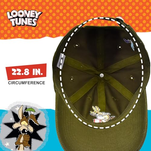 Image of Looney Tunes Baseball Cap, Wile E. Coyote and Road Runner Adult Adjustable Cotton Dad Hat with Curved Brim for Men and Women, Olive, One Size