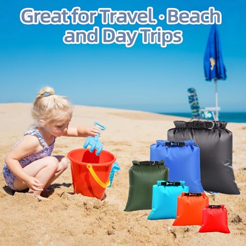 Set de 6 bolsas secas impermeables para natación y playa, resistentes al agua, livianas con cierre enrollable, bolsas de tamaños múltiples para deportes acuáticos y esenciales de playa miniatura 5