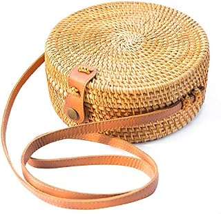 Handwoven Round Rattan Bag Shoulder Leather Straps Natural Chic Hand NATURAL NEO