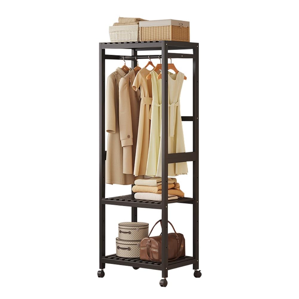 Aycdl C Rolling Open Wardrobe With Wheels Sturdy Wooden Lothing Rack Bamboo Garment Rack Wooden Oat Stand With Shoe Storage 2-Tier Shelf Easy Assembly For Bedroom & L,-43Cm