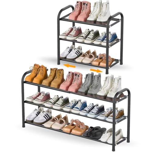 YAMAIDUO Étagère à Chaussures 3 Niveaux, Extensible Porte Chaussures en Métal Réglable de 43 à 78 cm, Rangement Chaussure pour 6-12 Paires de Shoes, Shoe Rack pour...