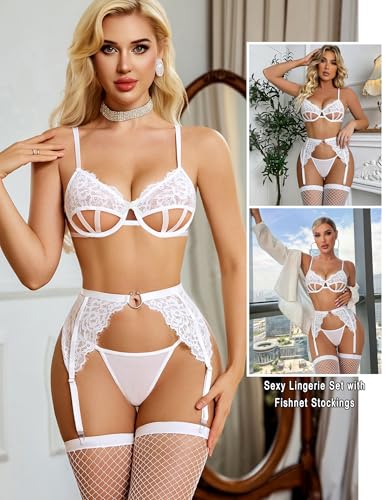 Avidlove Bridal Lingerie for Women Sexy Set with Garter Stockings Cut Out Lace Bra and Panty Push Up Wedding Lingerie White — view 2