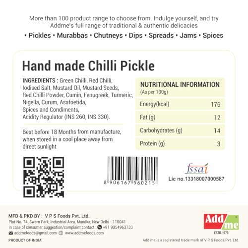 Image of Add Me Hand Made Chilli Pickle 500 g in Mustard Oil | kati hari mirchi ka achar Green Chili Mirch Pickles 500gm