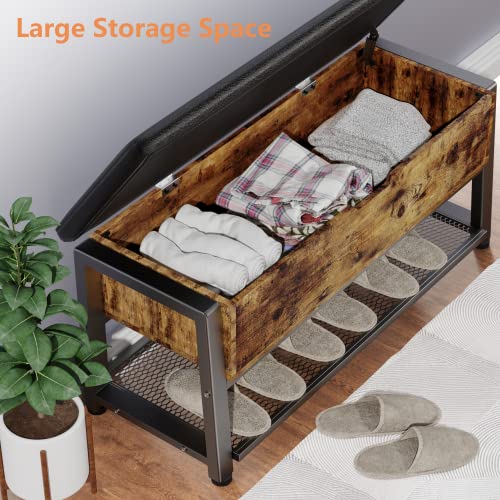 Mr Ironstone Shoe Storage Bench, Entryway Bench With Large Lift Top Storage Box And Leather Padded Cushion, Holds Up To 330 Lb Shoe Bench For Entryway, Bedroom, Hallway, Bathroom, Rustic Brown #TOP3