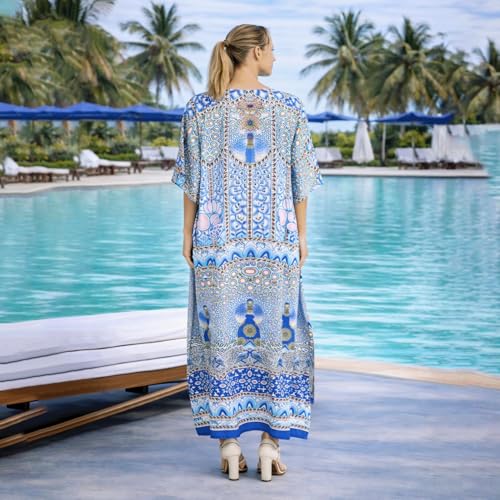 Image of Miss Lavish London Pink Ethnic Print Kaftan Dresses for Women V Neck Batwing Sleeve Beach Vacation Bikini Swimsuit Cover Ups, Plus Size African&Dubai Caftan Maxi Beach Dress with Side Slits-Pink-3XL