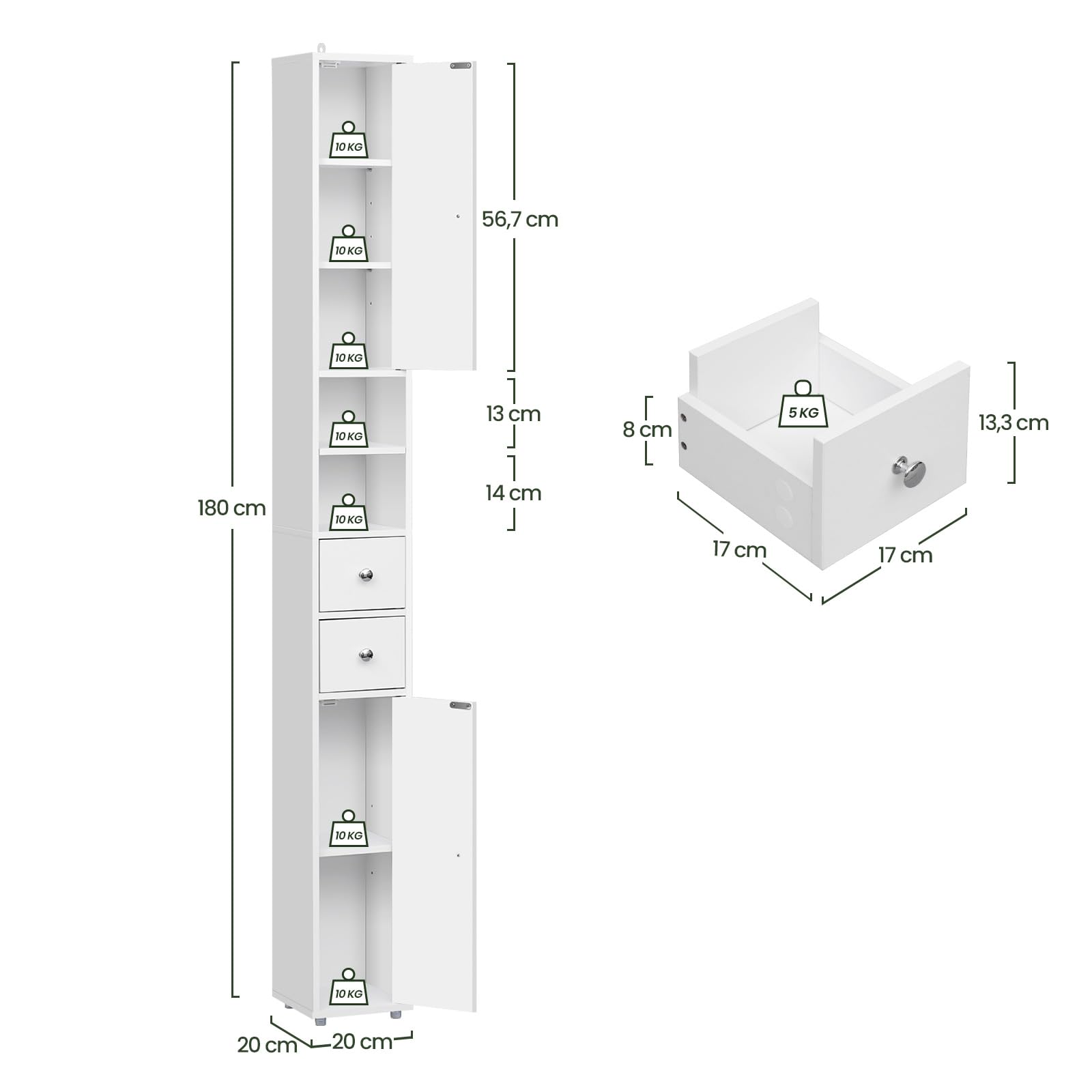 EUGAD Armadio Alto da Bagno, Mobiletto da Bagno, Colonna Bagno Stretta, 20 x 20 x 180 cm, Mobiletto Salvaspazio Stretto, con Ripiani Regolabili, per Spazi Ridotti, Soggiorno, Corridoio, Bianco