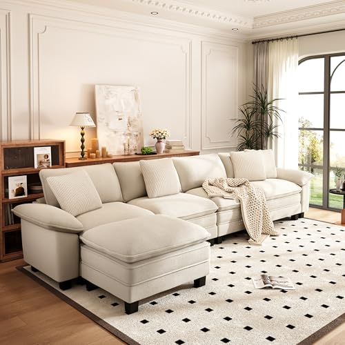 Image of PHI VILLA Cloud Modular Couch Sets, 157.5 inch Oversized Sectional Sofa with L-Shaped Chaise, 5-Seater Upholstered Couches with Movable Ottoman for Living Room, Chenille Beige
