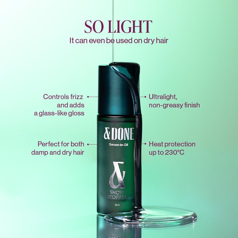 Image of &Done Showstopper Ultralight Serum-in-Oil For Wet & Dry Hair | Argan Oil & Baobab Oil Infused | Frizz Reduction & Styling Serum Suitable For All Hair | Reduces Frizz, Adds Shine & Smooths Hair- 30 ml