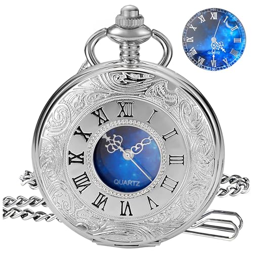 Tiong Taschenuhr, hohl, römische Ziffern, Vintage, Blau, Sternenhimmel, Quarz, Taschenuhren mit Kettenanhänger für Männer und Frauen, CF2007-Silber, Retro