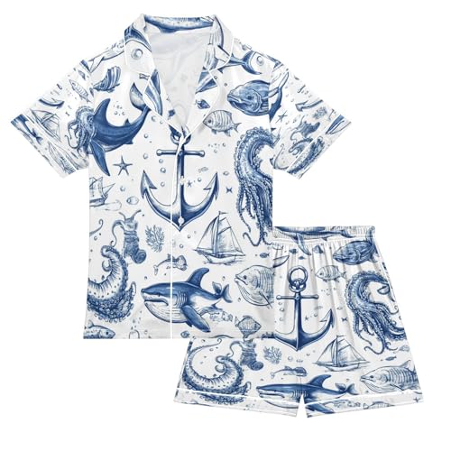 Satin Pajama Sets Short Sleeve Cartoon Marine Pattern Button Down Silky Nightwear 2 Piece PJS 5-14Y