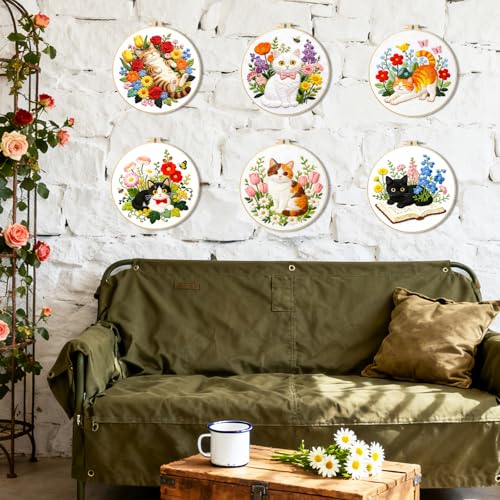 Image of BEUNITONE 6 Set Cat and Flowers Embroidery Kit for Adults Beginners, Pre-Stamped Pattern Needlepoint Kits with Hoop, Tools, Instruction, Hand Embroidery Kits for Gifts, Fabric and Home Decor 7.9x7.9