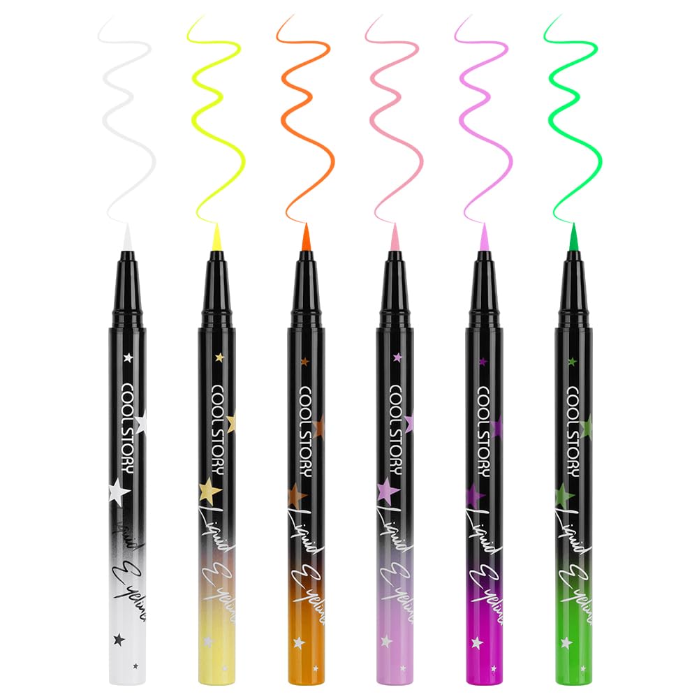 LOPHE Zestaw eyelinera, 6 kolorów, świecący eyeliner, matowe wykończenie, wodoodporny, trwały, płynny eyeliner z bardzo delikatnym pędzlem, na Halloween, karnawał