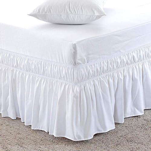 Cache-sommier uni à volants – Style enveloppant avec élastique, chute de 38,1 cm (blanc, 140 x 190 + 38 cm)