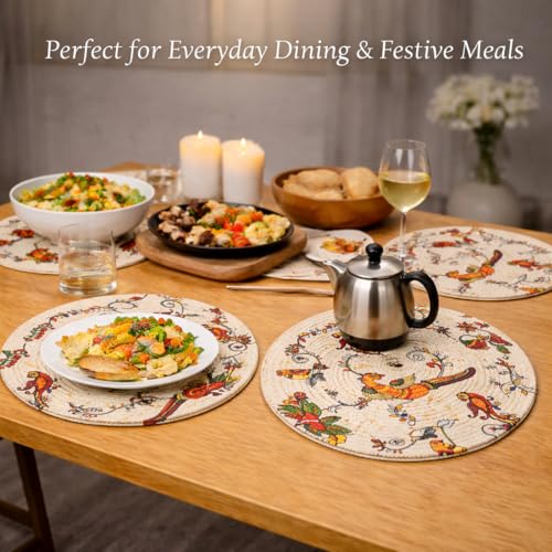 Image of Premium Round Cotton Dining Table Mats Set of 2 | Washable Heat Resistant Food Mat | Circular Dining Table Hot Plate Mats & Coaster for Hot Utensil (14-inch, Boho Quilt /Beige)
