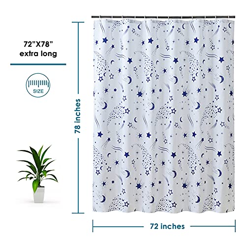 Lanmeng Floral Fabric Shower Curtain For Bathroom, Happy Stars And Moon Navy Blue White, Comes With 12 Hooks, Extra Long (72-By-78 Inch) #TOP1