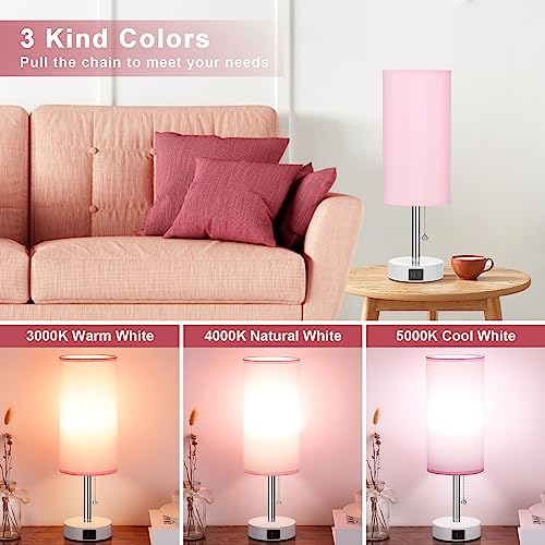 Hong-in Pink Bedside Lamp - 3 Color Modes, Small Lamp with USB-C and USB-A Charging Ports, Pull Chain, Nightstand Light for Bedroom, Office, Kids Room (Bulb Included) - Image 3