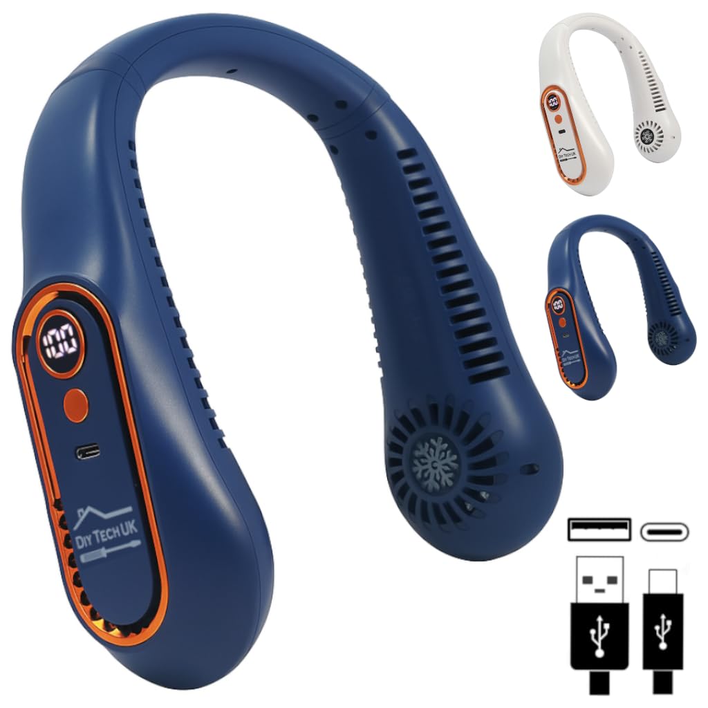 DIY TECH UK - CoolBlast Dual Action - USB Rechargeable Neck Fan - Adjustable - Hands Free Bladeless Personal Portable Neck Fan - 5 Speeds - Wearable for Sport Travel Home Office Indoor Outdoor - Blue