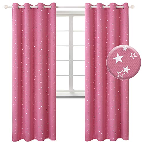 Image of BGment Pink Star Blackout Curtains for Kid's Bedroom - Grommet Thermal Insulated Room Darkening Printed Curtains for Living Room, Set of 2 Panels, 55 x 84 Inch