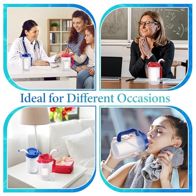 32 oz Hospital Water Cup with Straw and Lid Insulated Double Walled Water Cup with Handle and Straw Elderly Bottle Plastic Drinking Hospital Carafe Insulated Mug(Red and Blue,4)