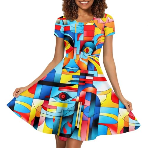 Youngerbaby Women's A-Line Swing Flare Dress - Short Sleeve, Floral Print, Elastic Waist, Midi Length - View #7