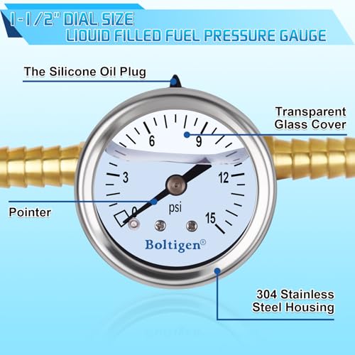 Boltigen FUEL PRESSURE GAUGES Pressure Gauge, 0-15Psi Fuel Pressure Gauge Kit thumb #1