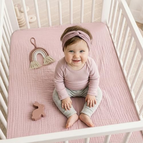 Image of Muslin Mini Crib Sheet (38 inchx24 inch), 100% Cotton Cover, Breathable & Soft Mattress Pad, Boho Pink for Girls(1 Pack)