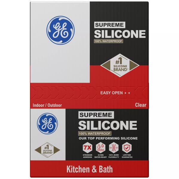 Image of GE Supreme Silicone Caulk for Kitchen & Bathroom, Clear, 10 fl oz Cartridge, 12 Pack - 100% Waterproof Silicone Sealant, 7X Stronger Adhesion, Shrink & Crack Proof