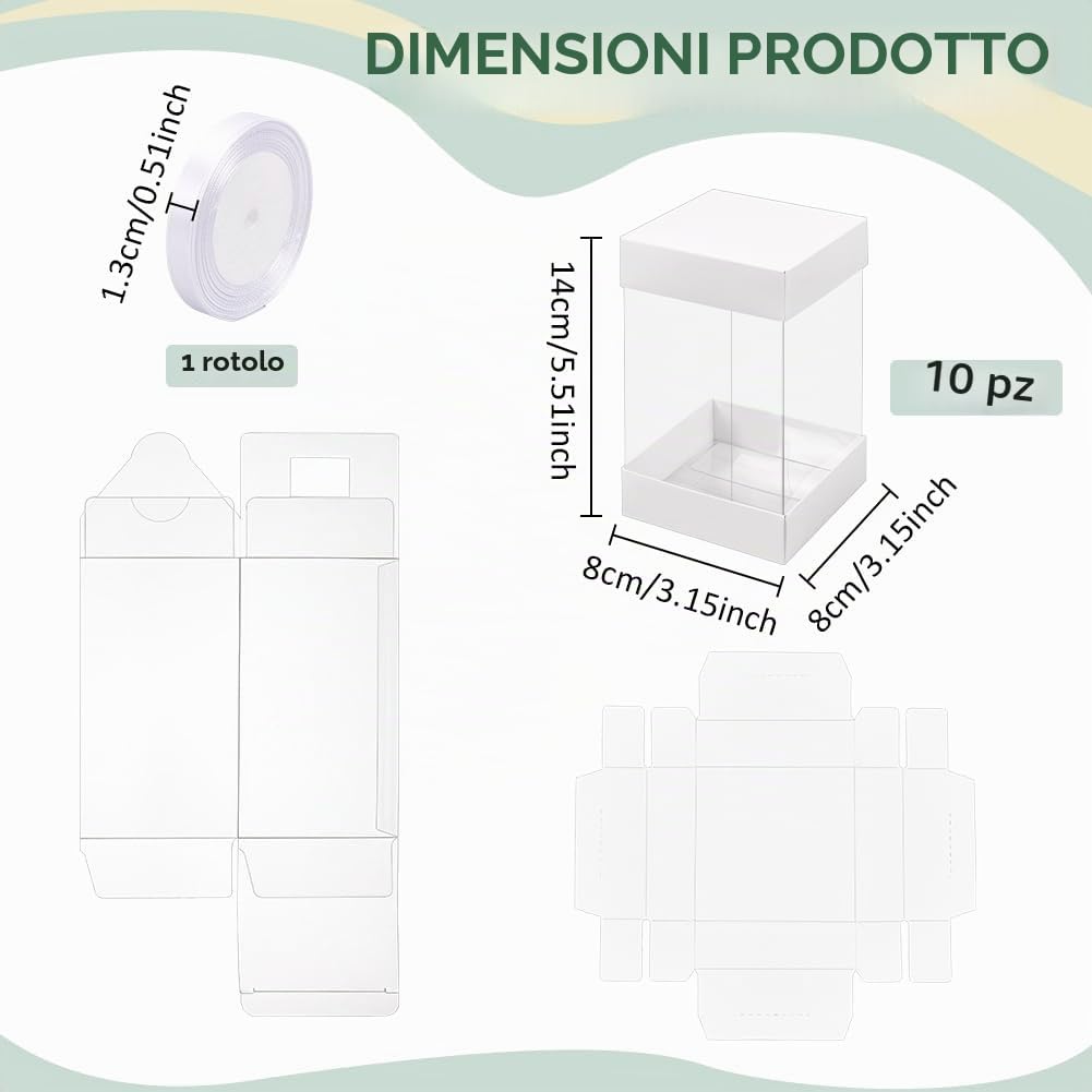 BENECREAT 10 Scatola Regalo Trasparente con Coperchio In Carta Bianca, Scatole Regalo Rettangolari con Nastro In Poliestere per Compleanni, Matrimoni e Natale, 8x8x14cm