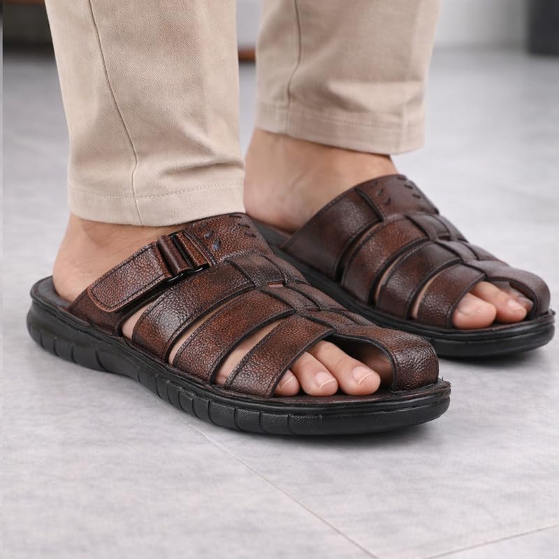 Image of FAUSTO Men Genuine Leather Multi Strap Closed Toe Broad Feet Slip On Slippers with Adjustable Strap | Roman Sandals