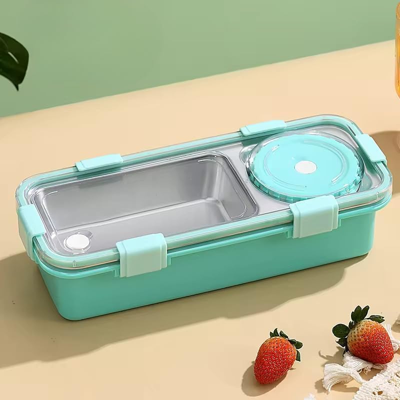 Image of Lunch Buddy Stainless Steel Bento Lunch Box Set for Food 600ml, 2 Compartment, 150ml Container 100% Leak-Proof Design Lunchbox for Office Adults & School Kids (Green)