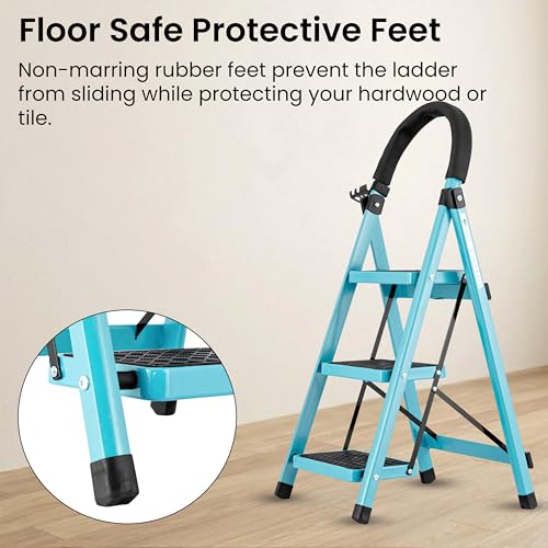 Image of Norman Jr Teal Blue 3 Step Ladder for Home Use with Built-in Tool Tray | Heavy Duty D Shape Rods | Ultra Large Platform | Wide Rubber Feet | 150Kg Capacity Foldable Ladder - 7 Years Warranty