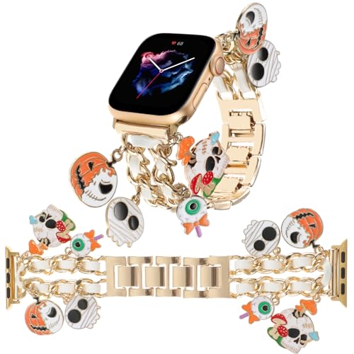 REALSIGN Stylish Metal Wristband Compatible with Apple Watch Band 38mm 40mm 41mm,Halloween Bracelet with Skull Pumpkin Ghost Pendants Strap for iWatch Series 9 8 7 6 5 4 3 2 SE Charms for Girl(38/40/41MM,Halloween Gold White)