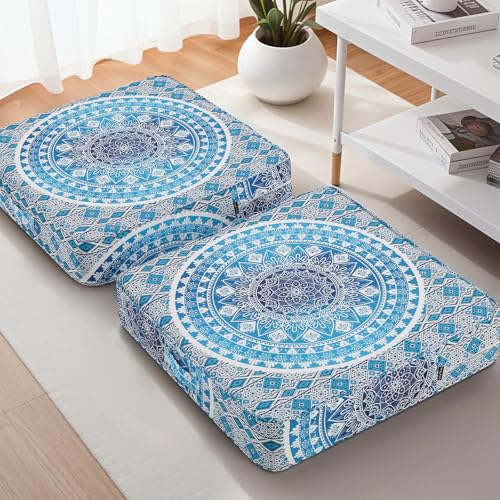 Moroccan Floor Pillows for Adults, 2 Pack Outdoor Waterproof Floor Cushions Sitting, Boho Large Meditation Cushion Seating Bohemian, Mandala Seat Cushion, Square