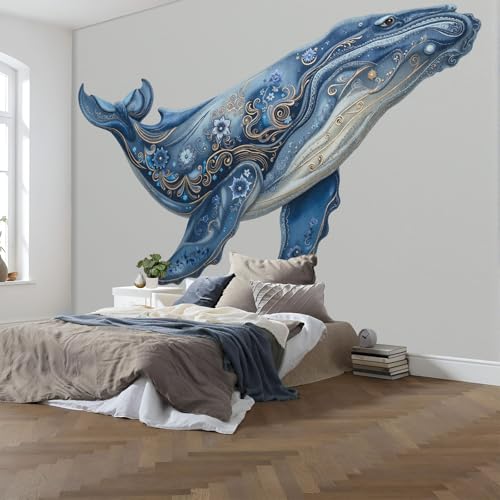 Papier peint panoramique 3D baleines aquarelle soie 300x210 cm - 5