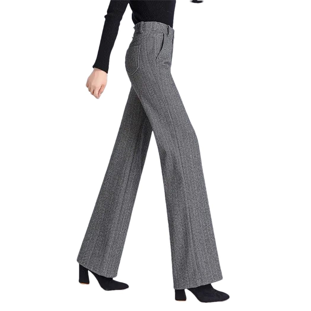 Women Autumn Winter High Waist Loose Tweed Pants Straight Leg Casual Slim Trouser
