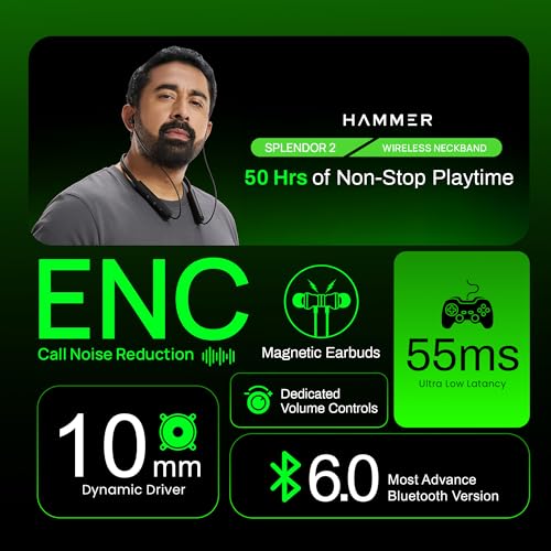 Image of HAMMER Splendor 2 Wireless Neckband Bluetooth v6.0 with 50H Playtime, ENC, 10mm Drivers, Type-C Fast Charging, 55ms Low Latency, Lightweight Earphones (Black)